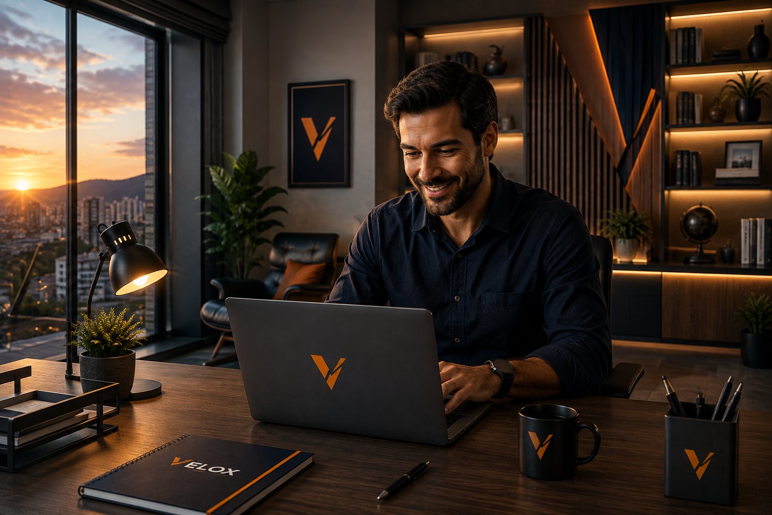Franqueada Velox atendendo em formato home office, com notebook e documentos sobre a mesa